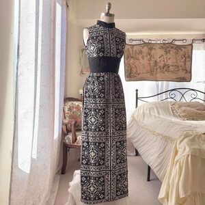 70s black and white maxi dress‎ side slit glam
